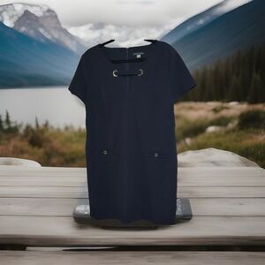 Tommy Hilfiger Navy Shift Dress – Gold Grommet Neckline, Short Sleeve, Size